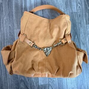 Jessica Simpson Large Tan Canvas Tote Bag “It’s Not the Bag” Charm Purse